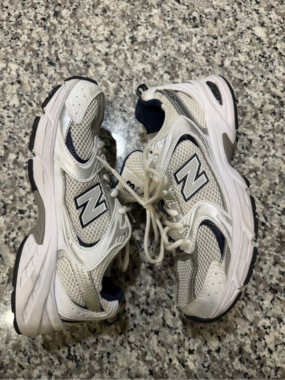 New Balance Kids White and Navy Mesh Athletic Sneakers